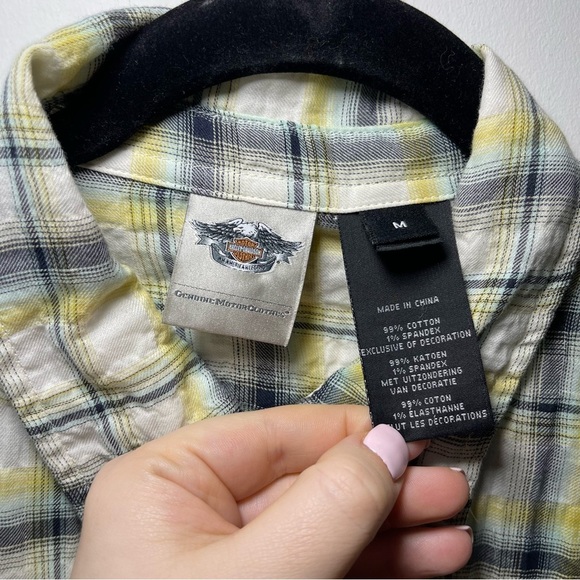 Harley Davidson women's yellow plaid seersucker pearl snaps long sleeve in M - Picture 4 of 7